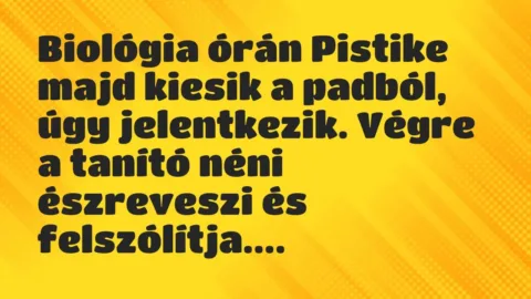 Vicc: Biológia órán Pistike majd kiesik a padból, úgy jelentkezik. Végre a…