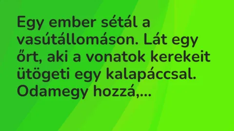 Vicc: Egy ember sétál a vasútállomáson. Lát egy őrt, aki a vonatok kerekeit…