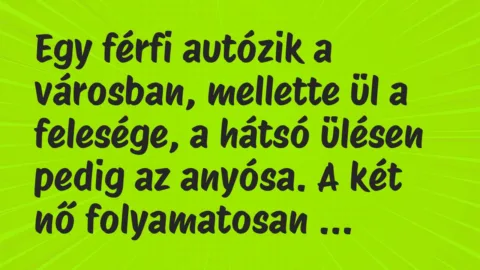Vicc: Egy férfi autózik a városban, mellette ül a felesége, a hátsó ülésen…