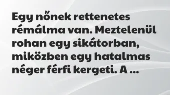 Vicc: Egy nőnek rettenetes rémálma van. Meztelenül rohan egy sikátorban,…