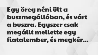 Vicc: Egy öreg néni ült a buszmegállóban, és várt a buszra. Vicc: Egy öreg néni ült a buszmegállóban, és várt a buszra.