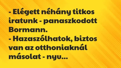 Vicc: – Elégett néhány titkos iratunk – panaszkodott Bormann.
-… Vicc: – Elégett néhány titkos iratunk – panaszkodott Bormann.
-…