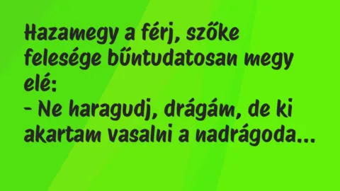 Vicc: Hazamegy a férj, szőke felesége bűntudatosan megy elé:

– Ne…