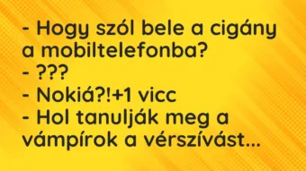 Vicc: – Hogy szól bele a cigány a mobiltelefonba?

– ???

– Nokiá?!