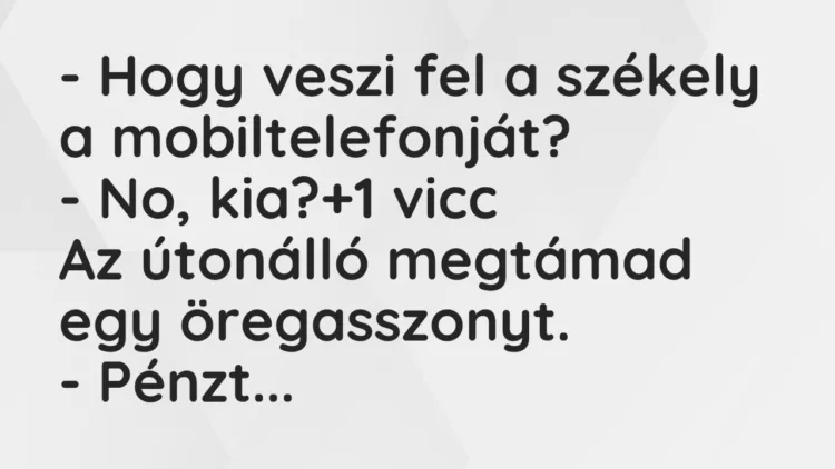 Vicc: – Hogy veszi fel a székely a mobiltelefonját?
– No, kia? Vicc: – Hogy veszi fel a székely a mobiltelefonját?
– No, kia?