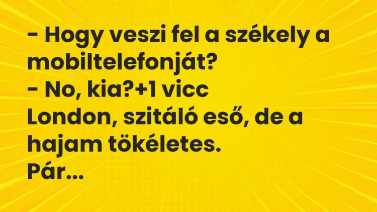 Vicc: – Hogy veszi fel a székely a mobiltelefonját?
– No, kia? Vicc: – Hogy veszi fel a székely a mobiltelefonját?
– No, kia?