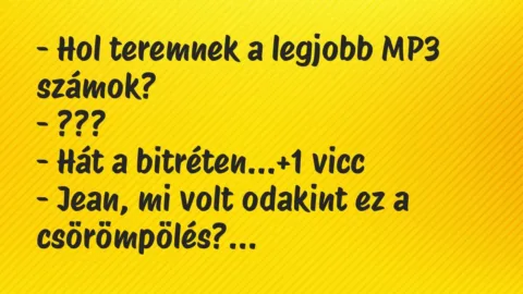 Vicc: – Hol teremnek a legjobb MP3 számok?
– ???
– Hát a… Vicc: – Hol teremnek a legjobb MP3 számok?
– ???
– Hát a…