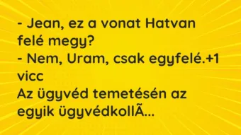 Vicc: – Jean, ez a vonat Hatvan felé megy?

– Nem, Uram, csak egyfelé.