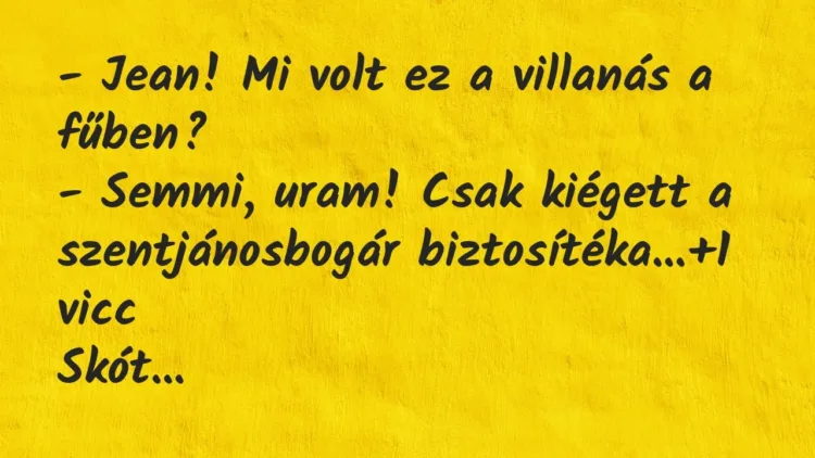 Vicc: – Jean! Mi volt ez a villanás a fűben?
– Semmi, uram! Csak… Vicc: – Jean! Mi volt ez a villanás a fűben?
– Semmi, uram! Csak…
