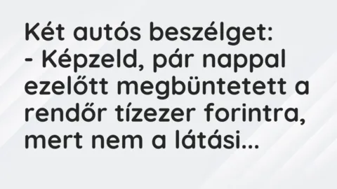 Vicc: Két autós beszélget:
– Képzeld, pár nappal ezelőtt megbüntetett a… Vicc: Két autós beszélget:
– Képzeld, pár nappal ezelőtt megbüntetett a…