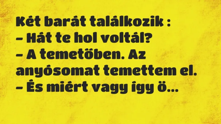 Vicc: Két barát találkozik :
– Hát te hol voltál?
– A temetőben. A… Vicc: Két barát találkozik :
– Hát te hol voltál?
– A temetőben. A…