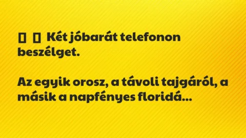 Vicc:
Két jóbarát telefonon beszélget.
Az egyik orosz, a… Vicc:
Két jóbarát telefonon beszélget.
Az egyik orosz, a…