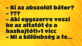 Vicc: – Ki az abszolút bátor?

– ???

– Aki egyszerre veszi be az…
