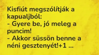 Vicc: Kisfiút megszólítják a kapualjból:
– Gyere be, jó meleg a… Vicc: Kisfiút megszólítják a kapualjból:
– Gyere be, jó meleg a…