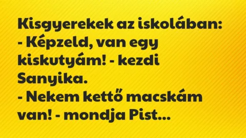 Vicc: Kisgyerekek az iskolában:

– Képzeld, van egy kiskutyám! – kezdi…