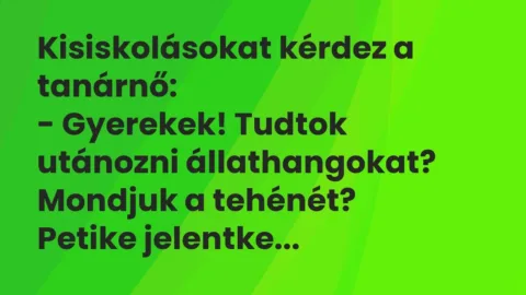 Vicc: Kisiskolásokat kérdez a tanárnő:
– Gyerekek! Tudtok utánozni… Vicc: Kisiskolásokat kérdez a tanárnő:
– Gyerekek! Tudtok utánozni…