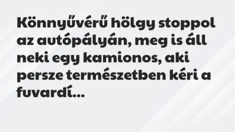 Vicc: Könnyűvérű hölgy stoppol az autópályán, meg is áll neki egy kamionos,… Vicc: Könnyűvérű hölgy stoppol az autópályán, meg is áll neki egy kamionos,…