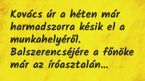 Vicc: Kovács úr a héten már harmadszorra késik el a munkahelyéről…. Vicc: Kovács úr a héten már harmadszorra késik el a munkahelyéről….