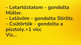 Vicc: – Letartóztatom – gondolta Müller.
– Lelövöm – gondolta… Vicc: – Letartóztatom – gondolta Müller.
– Lelövöm – gondolta…