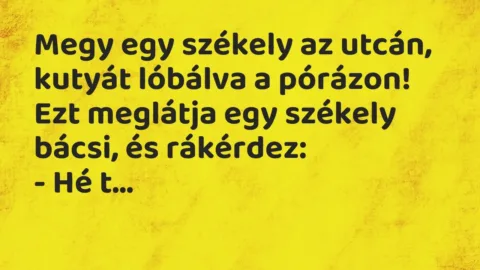 Vicc: Megy egy székely az utcán, kutyát lóbálva a pórázon!
Ezt meglátja… Vicc: Megy egy székely az utcán, kutyát lóbálva a pórázon!
Ezt meglátja…