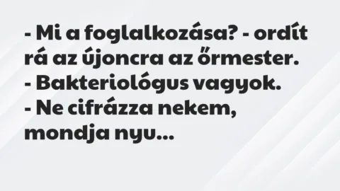 Vicc: – Mi a foglalkozása? – ordít rá az újoncra az őrmester.

-…