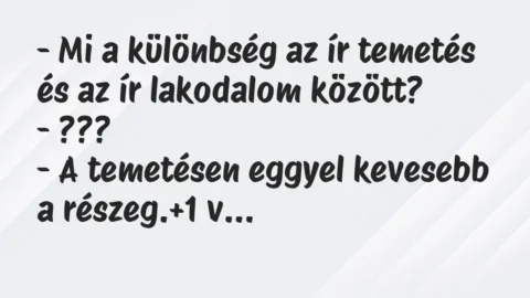 Vicc: – Mi a különbség az ír temetés és az ír lakodalom között?
-… Vicc: – Mi a különbség az ír temetés és az ír lakodalom között?
-…