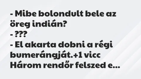 Vicc: – Mibe bolondult bele az öreg indián?

– ???

– El akarta…