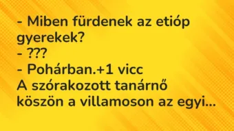 Vicc: – Miben fürdenek az etióp gyerekek?
– ???
– Pohárban. Vicc: – Miben fürdenek az etióp gyerekek?
– ???
– Pohárban.