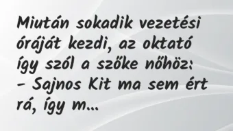Vicc: Miután sokadik vezetési óráját kezdi, az oktató így szól a szőke…