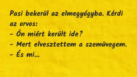 Vicc: Pasi bekerül az elmegyógyba. Kérdi az orvos:

– Ön miért került…