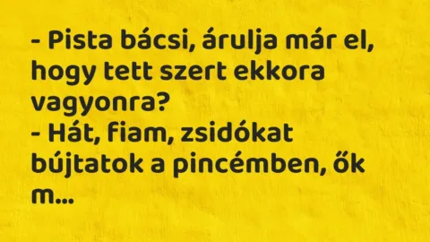 Vicc: – Pista bácsi, árulja már el, hogy tett szert ekkora vagyonra?
-… Vicc: – Pista bácsi, árulja már el, hogy tett szert ekkora vagyonra?
-…