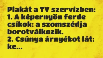 Vicc: Plakát a TV szervízben:
1. A képernyőn ferde csíkok: a szomszédja… Vicc: Plakát a TV szervízben:
1. A képernyőn ferde csíkok: a szomszédja…