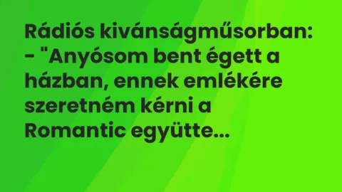 Vicc: Rádiós kivánságműsorban:

– „Anyósom bent égett a házban, ennek…