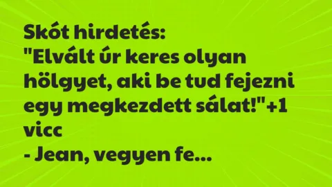 Vicc: Skót hirdetés:

“Elvált úr keres olyan hölgyet, aki be tud fejezni…