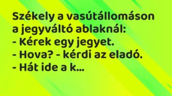 Vicc: Székely a vasútállomáson a jegyváltó ablaknál:

– Kérek egy…