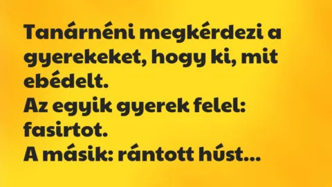 Vicc: Tanárnéni megkérdezi a gyerekeket, hogy ki, mit ebédelt.

Az egyik…
