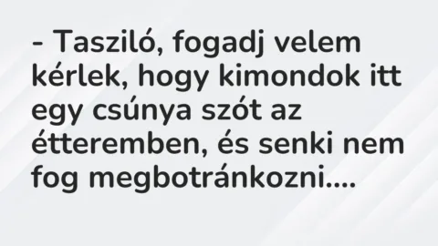 Vicc: – Tasziló, fogadj velem kérlek, hogy kimondok itt egy csúnya szót az… Vicc: – Tasziló, fogadj velem kérlek, hogy kimondok itt egy csúnya szót az…