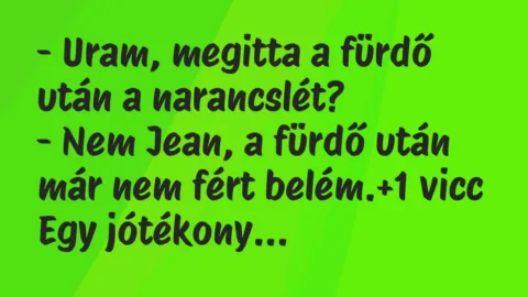 Vicc: – Uram, megitta a fürdő után a narancslét?
– Nem Jean, a fürdő… Vicc: – Uram, megitta a fürdő után a narancslét?
– Nem Jean, a fürdő…