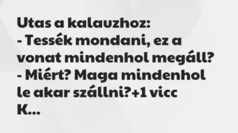 Vicc: Utas a kalauzhoz:
– Tessék mondani, ez a vonat mindenhol… Vicc: Utas a kalauzhoz:
– Tessék mondani, ez a vonat mindenhol…
