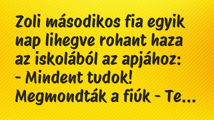 Vicc: Zoli másodikos fia egyik nap lihegve rohant haza az iskolából az… Vicc: Zoli másodikos fia egyik nap lihegve rohant haza az iskolából az…