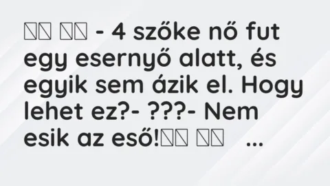 Viccek:
– 4 szőke nő fut egy esernyő alatt, és egyik sem … Viccek:
– 4 szőke nő fut egy esernyő alatt, és egyik sem …