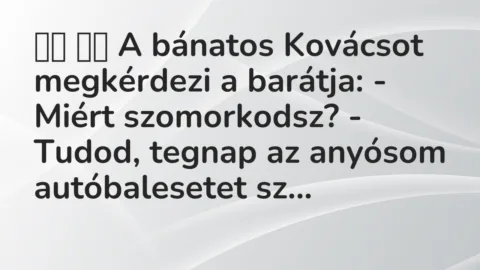 Viccek: 
		  
		  A bánatos Kovácsot megkérdezi a barátja: – Miért …