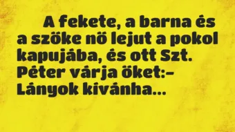 Viccek:
A fekete, a barna és a szőke nő lejut a pokol… Viccek:
A fekete, a barna és a szőke nő lejut a pokol…
