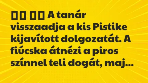 Viccek: 
		  
		  A tanár visszaadja a kis Pistike kijavított…