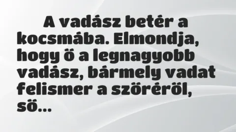 Viccek: 
		  
		  A vadász betér a kocsmába. Elmondja, hogy ő a…