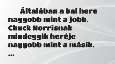Viccek:
Általában a bal here nagyobb mint a jobb. Chuck… Viccek:
Általában a bal here nagyobb mint a jobb. Chuck…