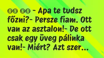 Viccek: 
		  
		  – Apa te tudsz főzni?- Persze fiam. Ott van…