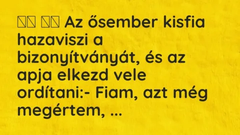 Viccek: 
		  
		  Az ősember kisfia hazaviszi a bizonyítványát, és …