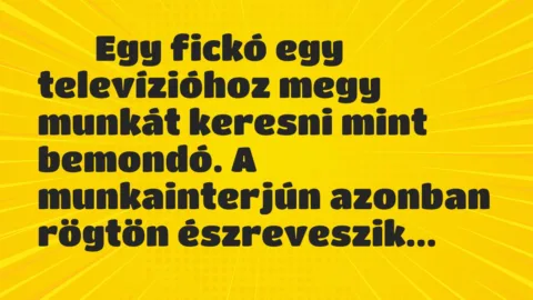 Viccek:
Egy fickó egy televízióhoz megy munkát keresni… Viccek:
Egy fickó egy televízióhoz megy munkát keresni…