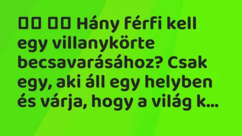 Viccek:
Hány férfi kell egy villanykörte becsavarásához? … Viccek:
Hány férfi kell egy villanykörte becsavarásához? …